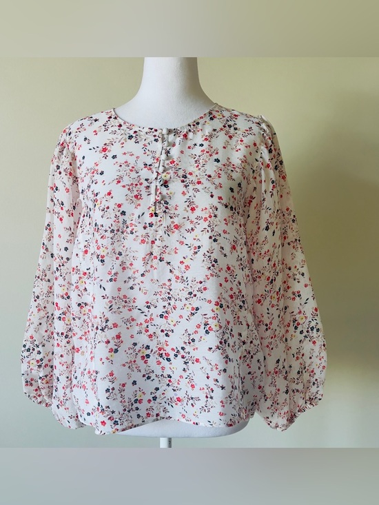 Ann Taylor Tops - Ann Taylor Ivory with Pink Floral Print 1/2 Button Long Sleeve Blouse Size Small